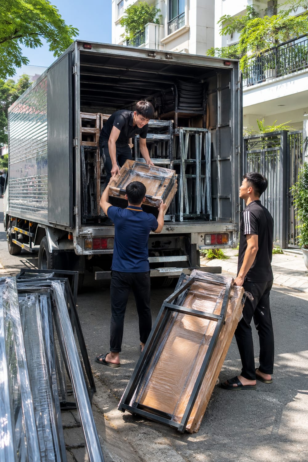 THEO XE TẢI BỐC XẾP HÀNG NHÔM KÍNH BÀN GHẾ